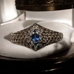 10K Solid Yellow Gold Blue Sapphire DIAMOND Accent Halo Ring